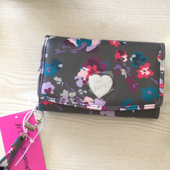 Betsey Johnson Gray Floral Wristlet 2 section - Picture 1 of 3
